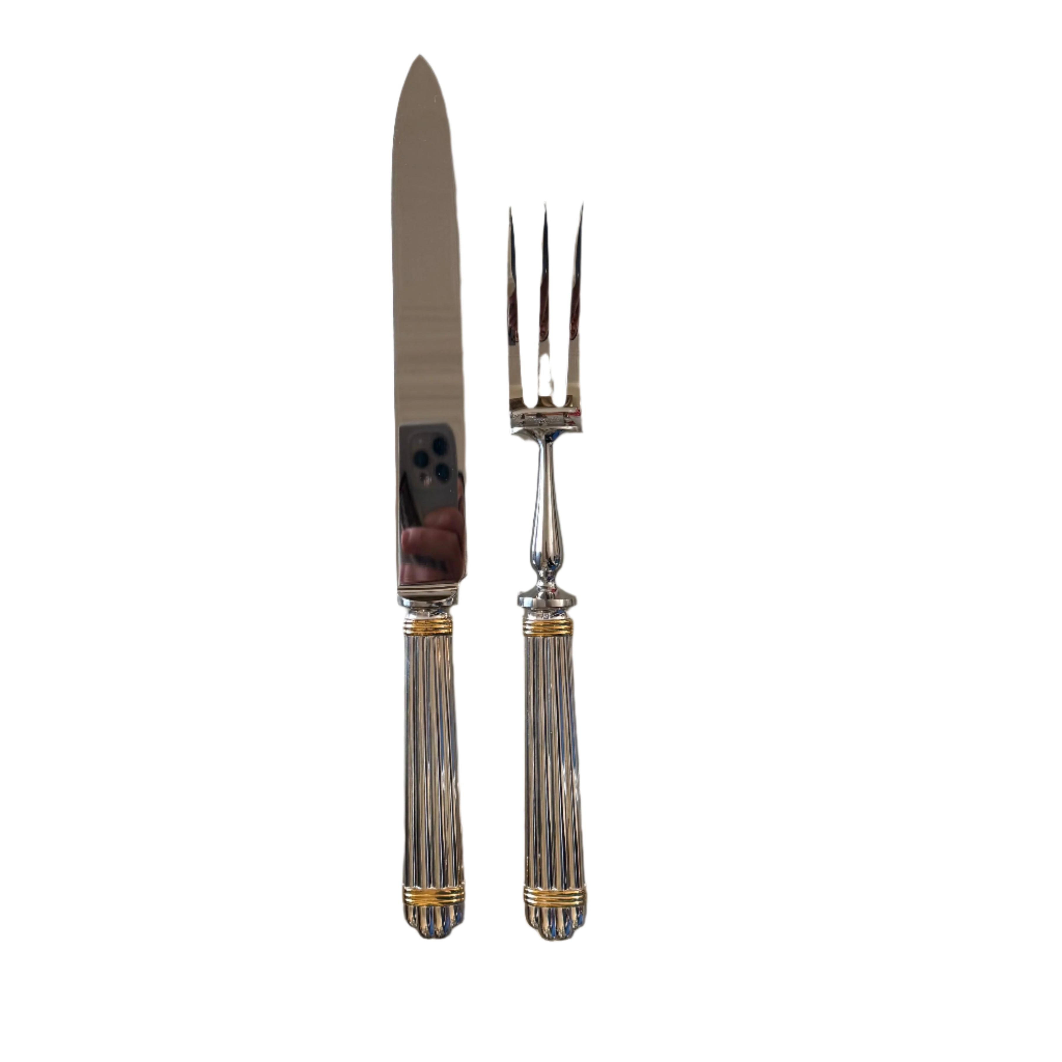 Christofle Aria Gold Ring Silver Plated Carving Fork & Knife Set