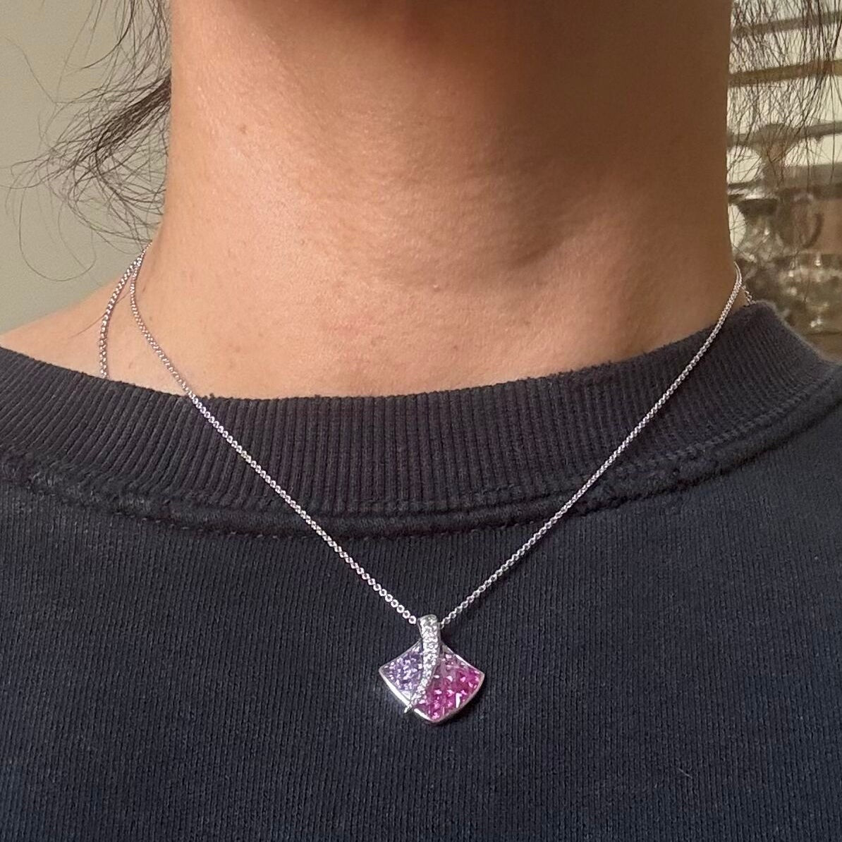 Italian 18k Gold Multi Color Sapphire Diamond Pendant Necklace