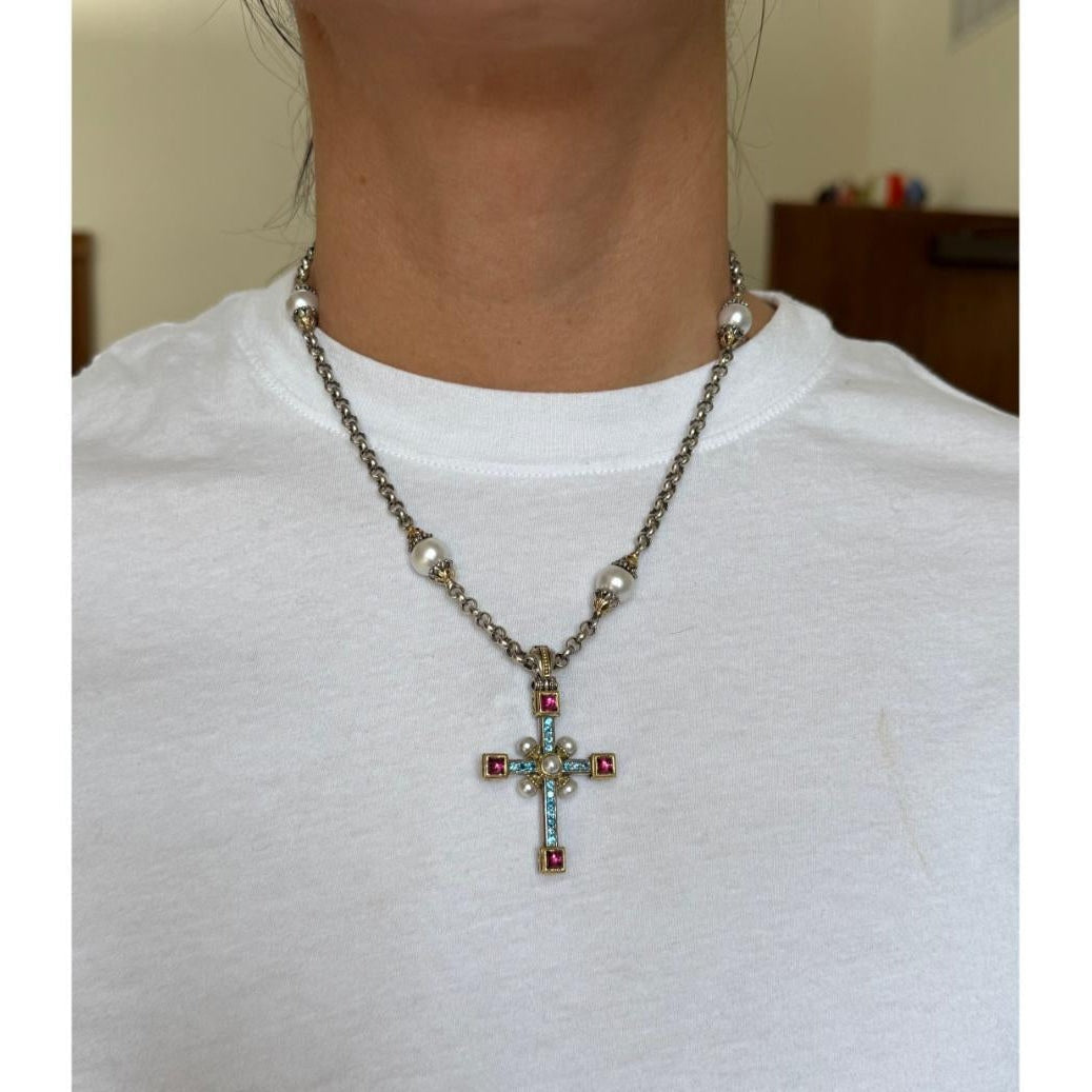 Konstantino Pearl 18k Sterling Cross Pendant Necklace