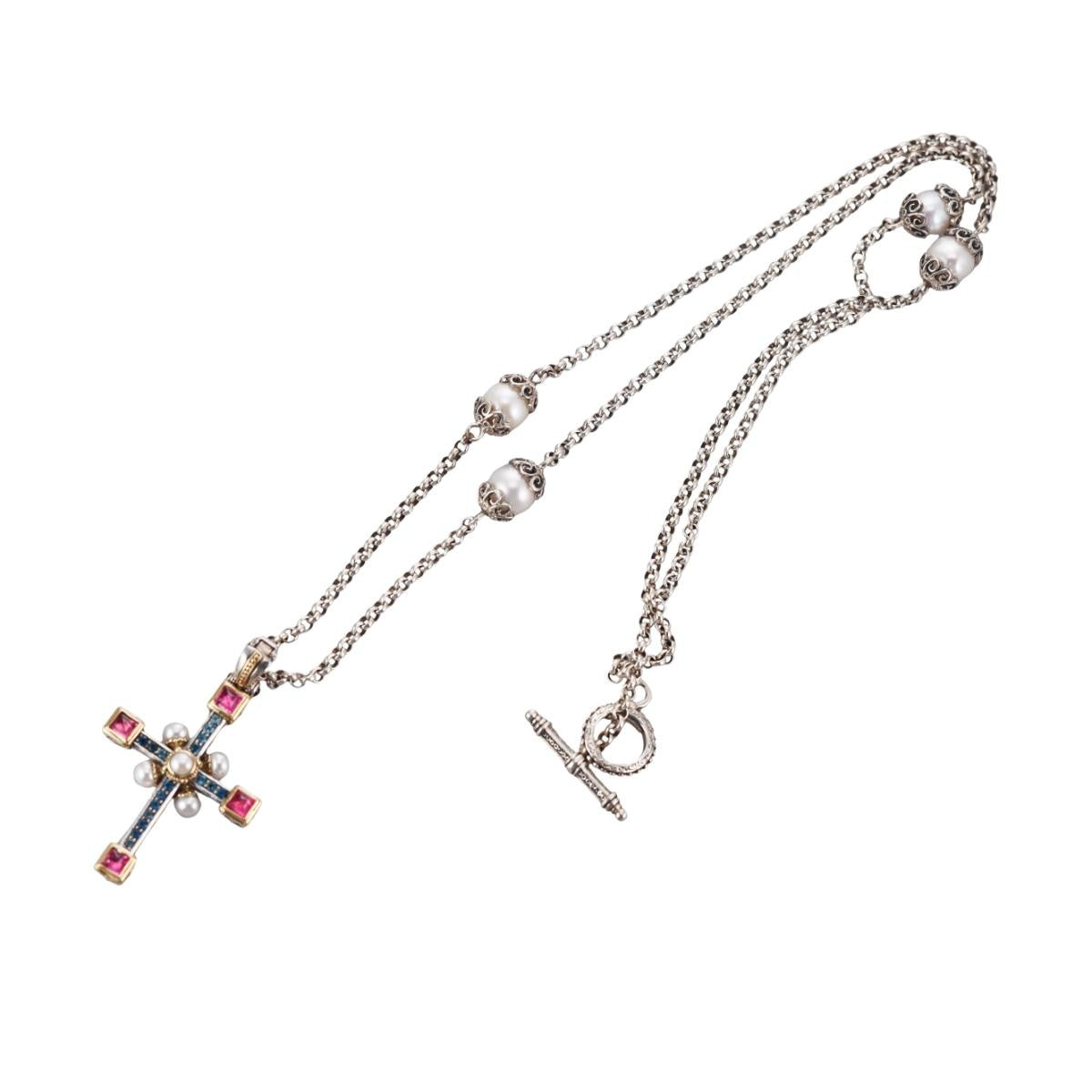 Konstantino Pearl 18k Yellow Gold Sterling Cross Pendant Necklace