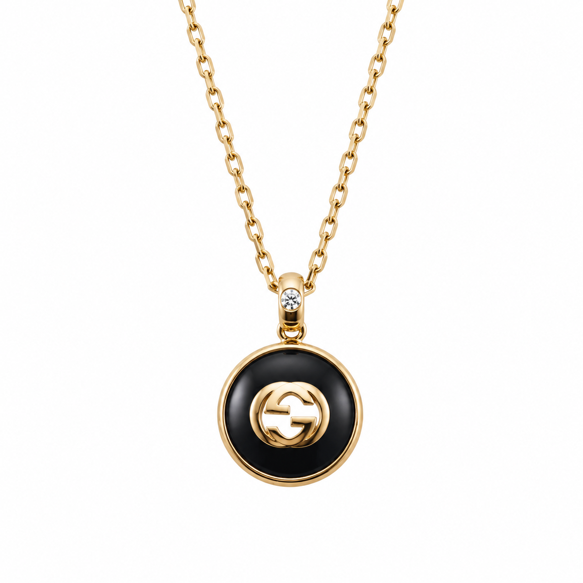 Gucci Interlocking G 18K Gold Diamond Black Onyx Pendant Necklace