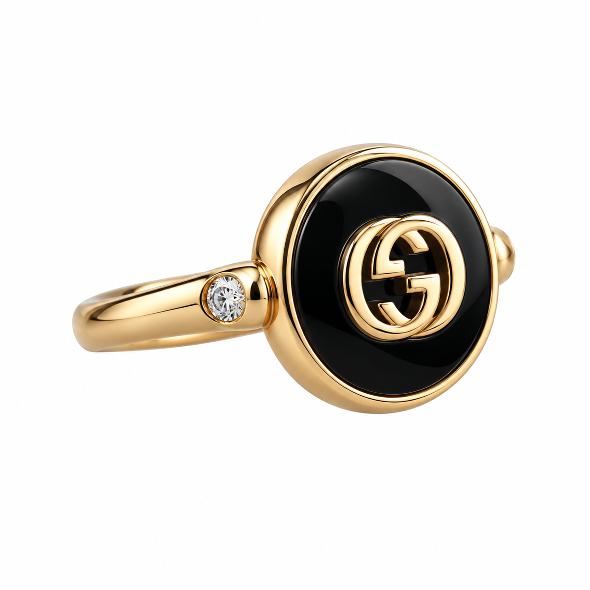 Gucci Interlocking G 18K Gold Diamond Onyx Ring