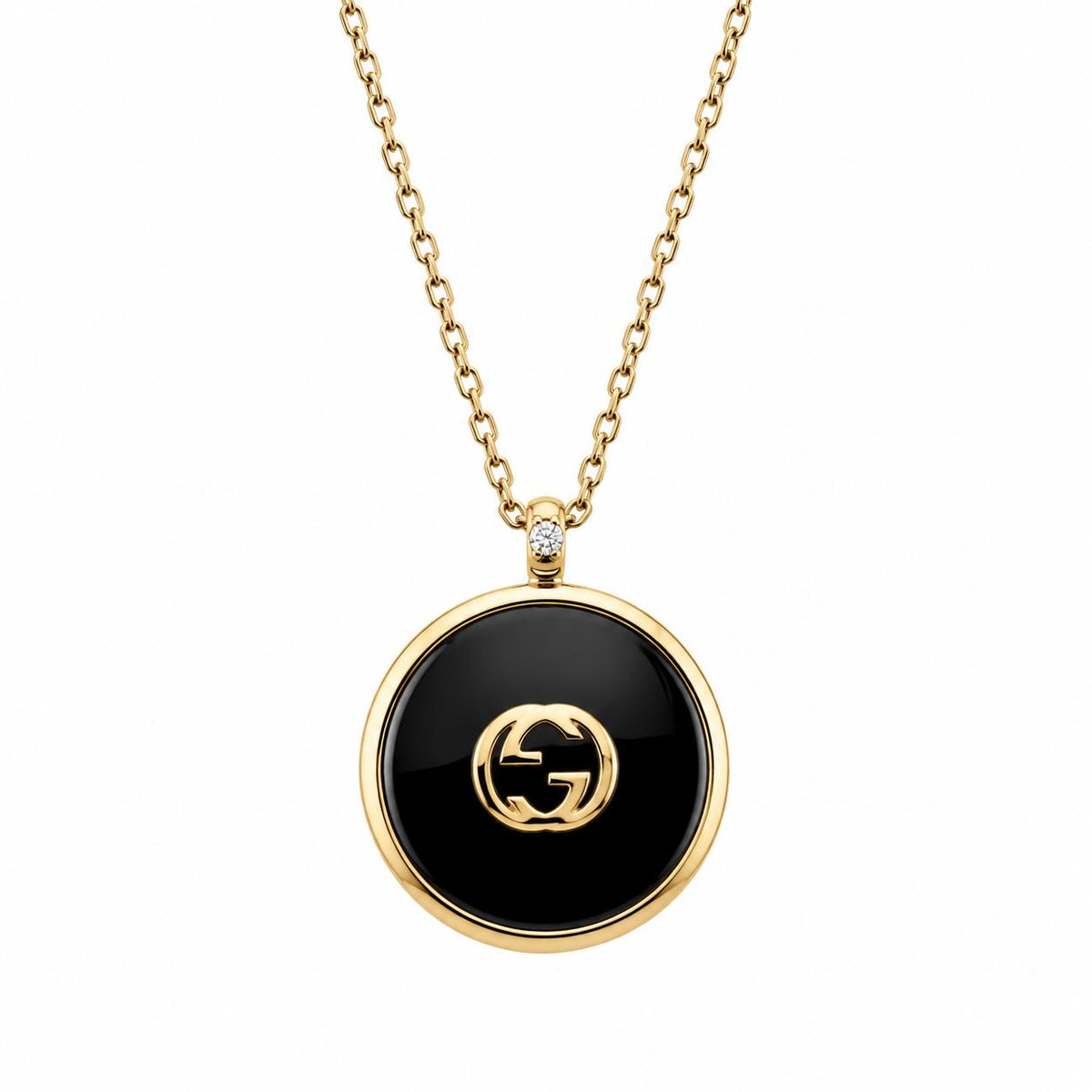 Gucci Interlocking G 18k Gold Diamond Onyx Pendant Chain Necklace