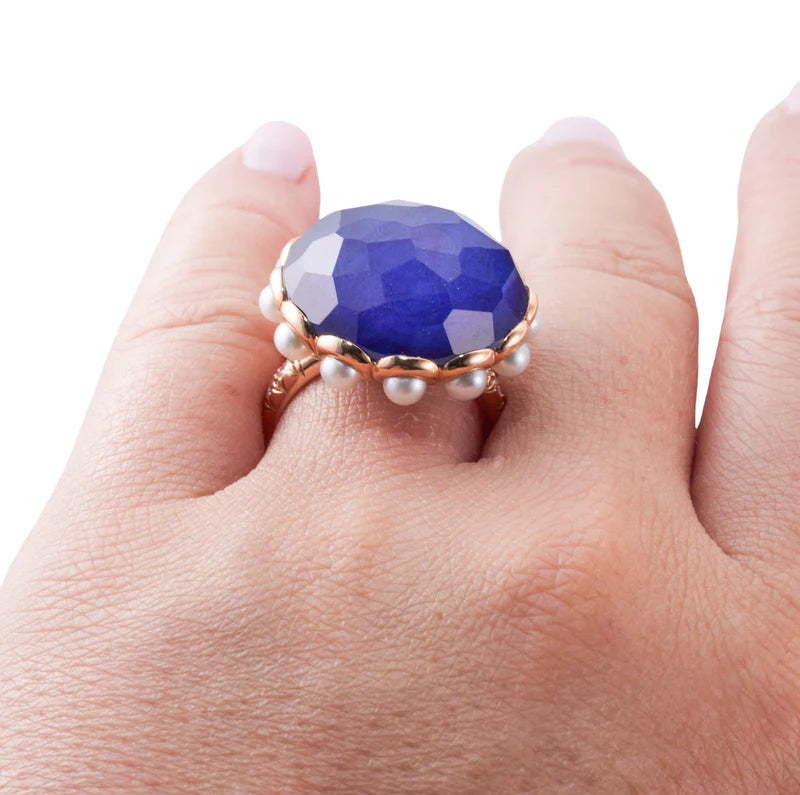 Mimi Milano Belle Blue Crystal Pearl Gold Ring