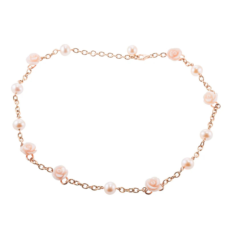 Mimi Milano Grace Pearl Coral Gold Rose Flower Necklace
