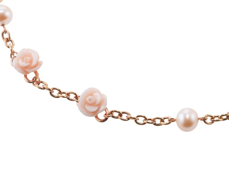 Mimi Milano Grace Pearl Coral Gold Rose Flower Necklace