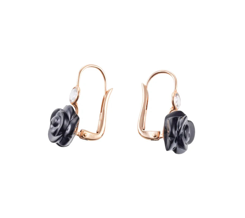 Mimi Milano Grace Black Agate Rose Cut Diamond Gold Earrings
