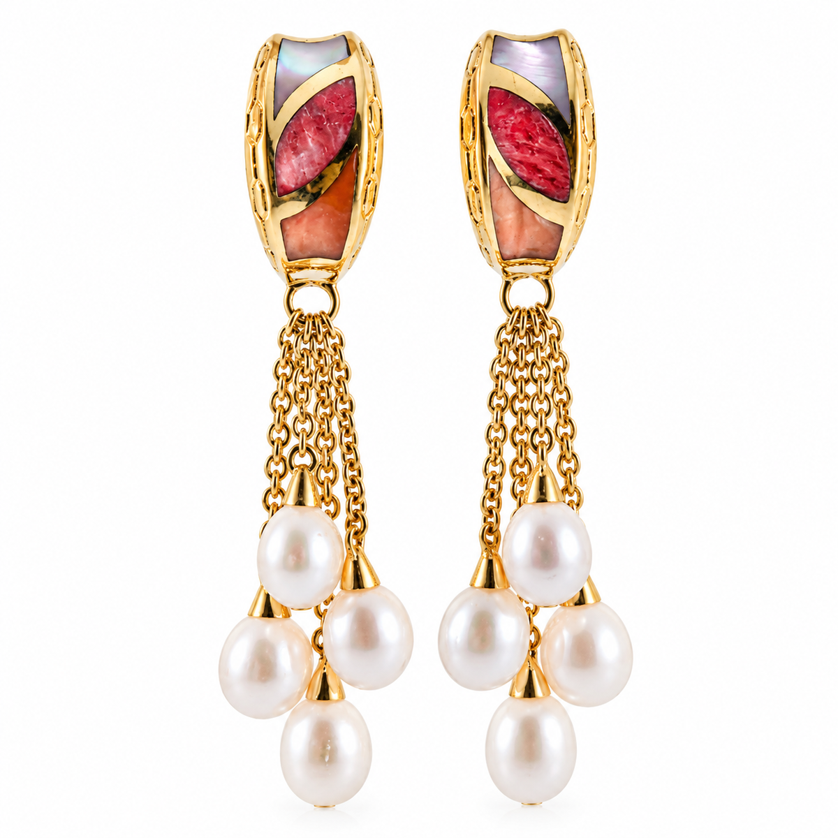 Asch Grossbardt Mop Coral Inlay Pearl Gold Drop Earrings
