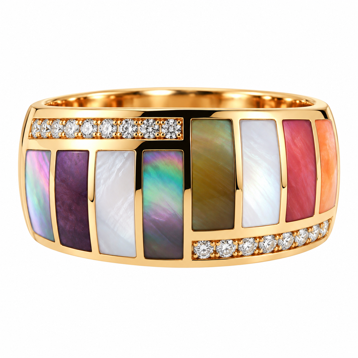 Asch Grossbardt Inlay Mother of Pearl Coral Sugilite Diamond Gold Ring