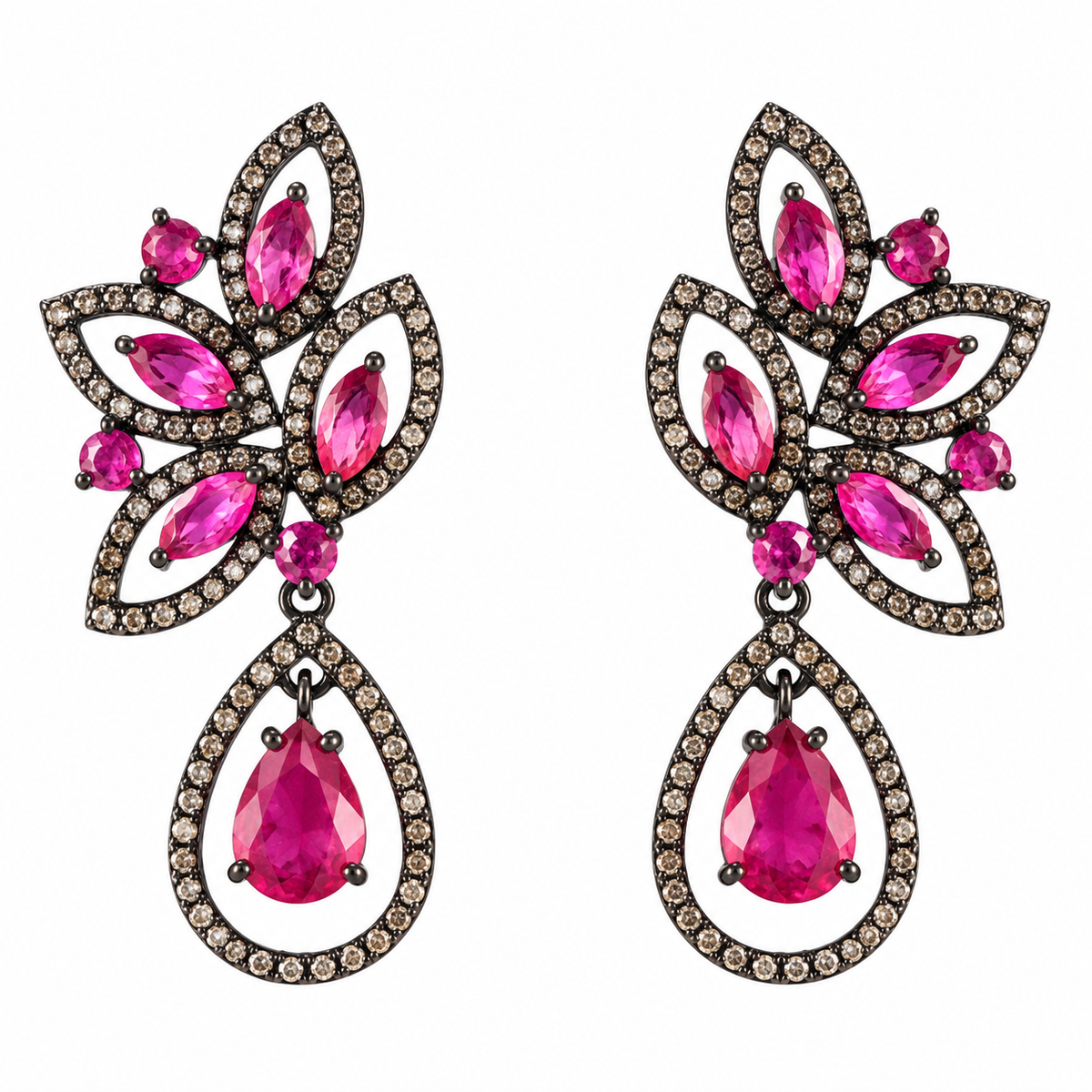 Bavna Sterling Silver Rose Cut Diamond and Glass Filled Ruby Drop Earrings