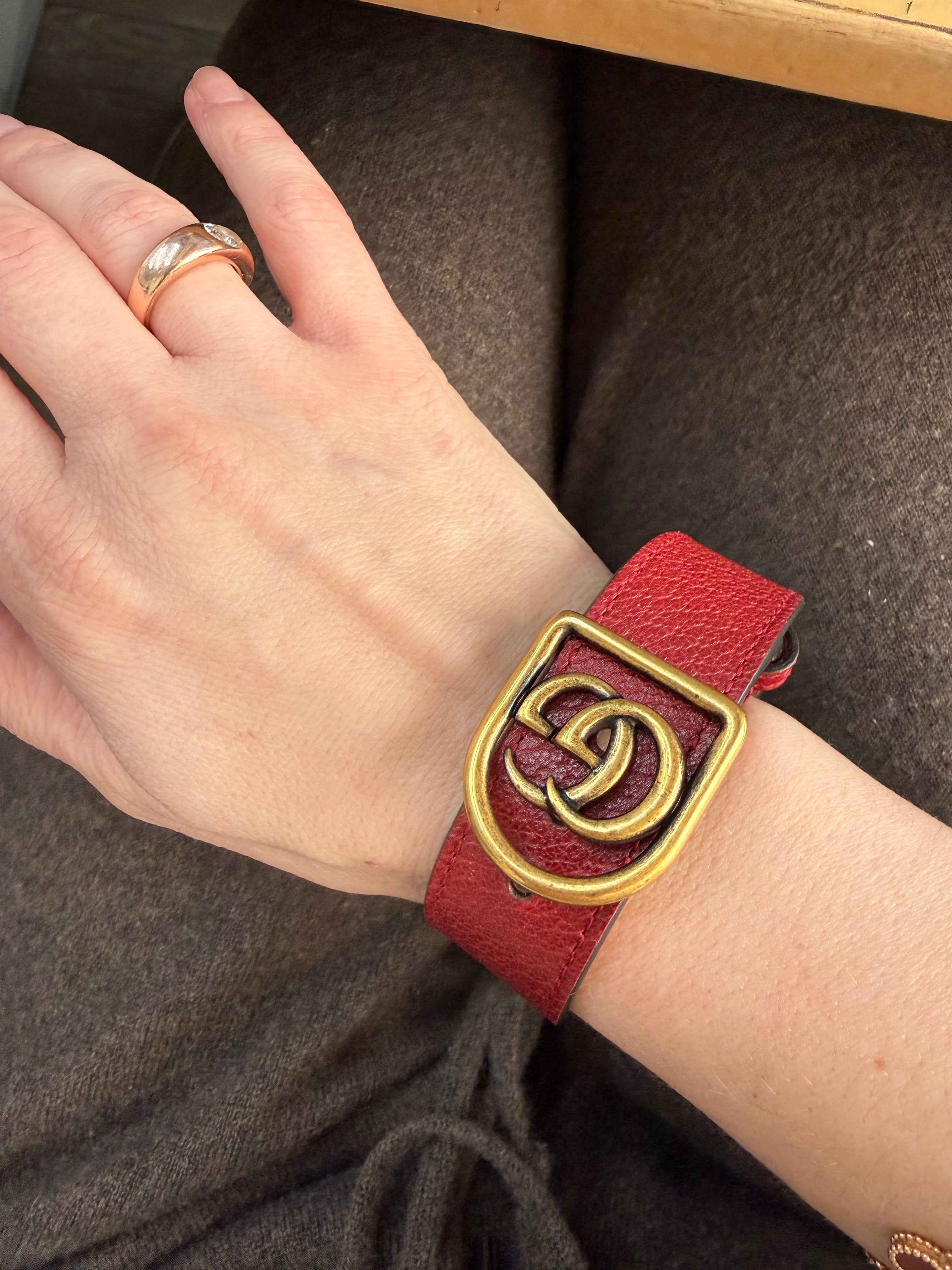 Gucci Icon GG Red Leather Gold Tone Bracelet