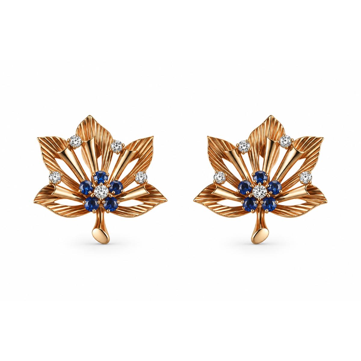 Mid Century Vintage 18k Gold Diamond Sapphire Leaf Earrings