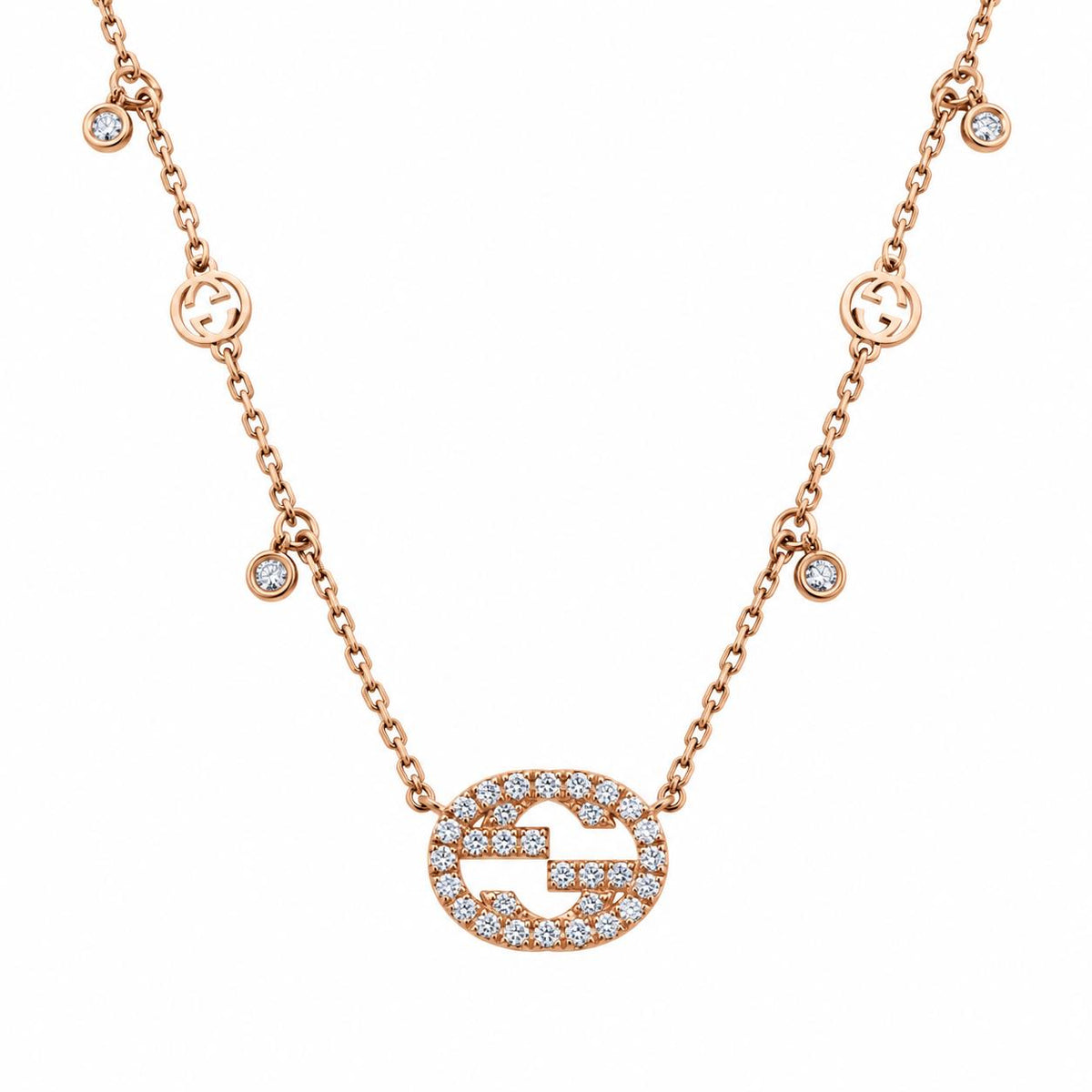 Gucci Interlocking G 18K Rose Gold Diamond Pendant Necklace