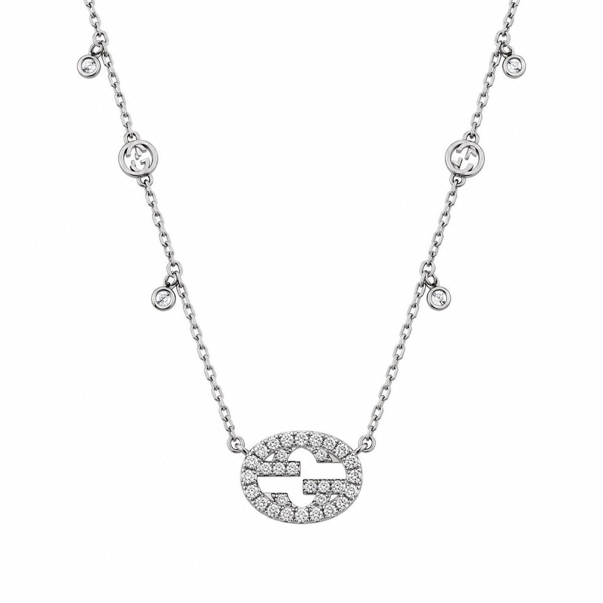 Gucci Interlocking G 18k White Gold Diamond Pendant Necklace