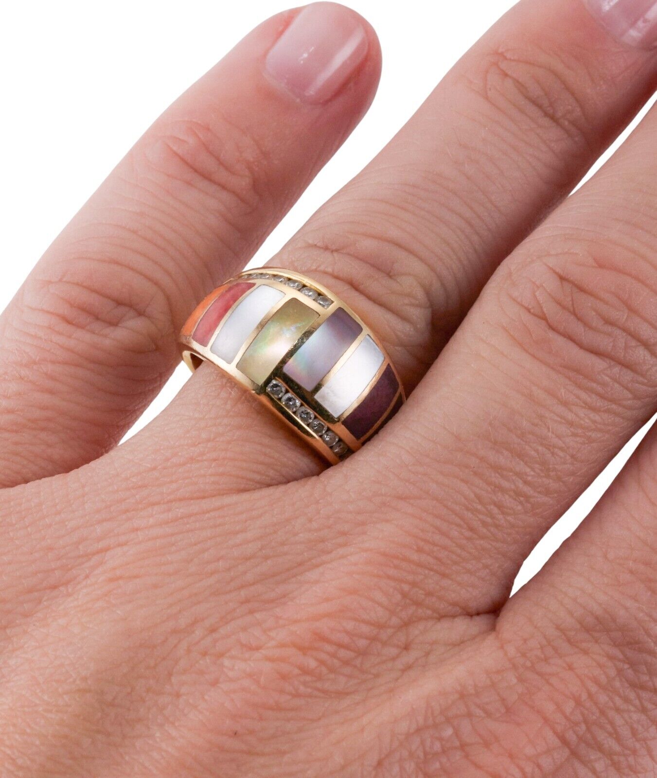 Asch Grossbardt Inlay Mother of Pearl Coral Sugilite Diamond Gold Ring