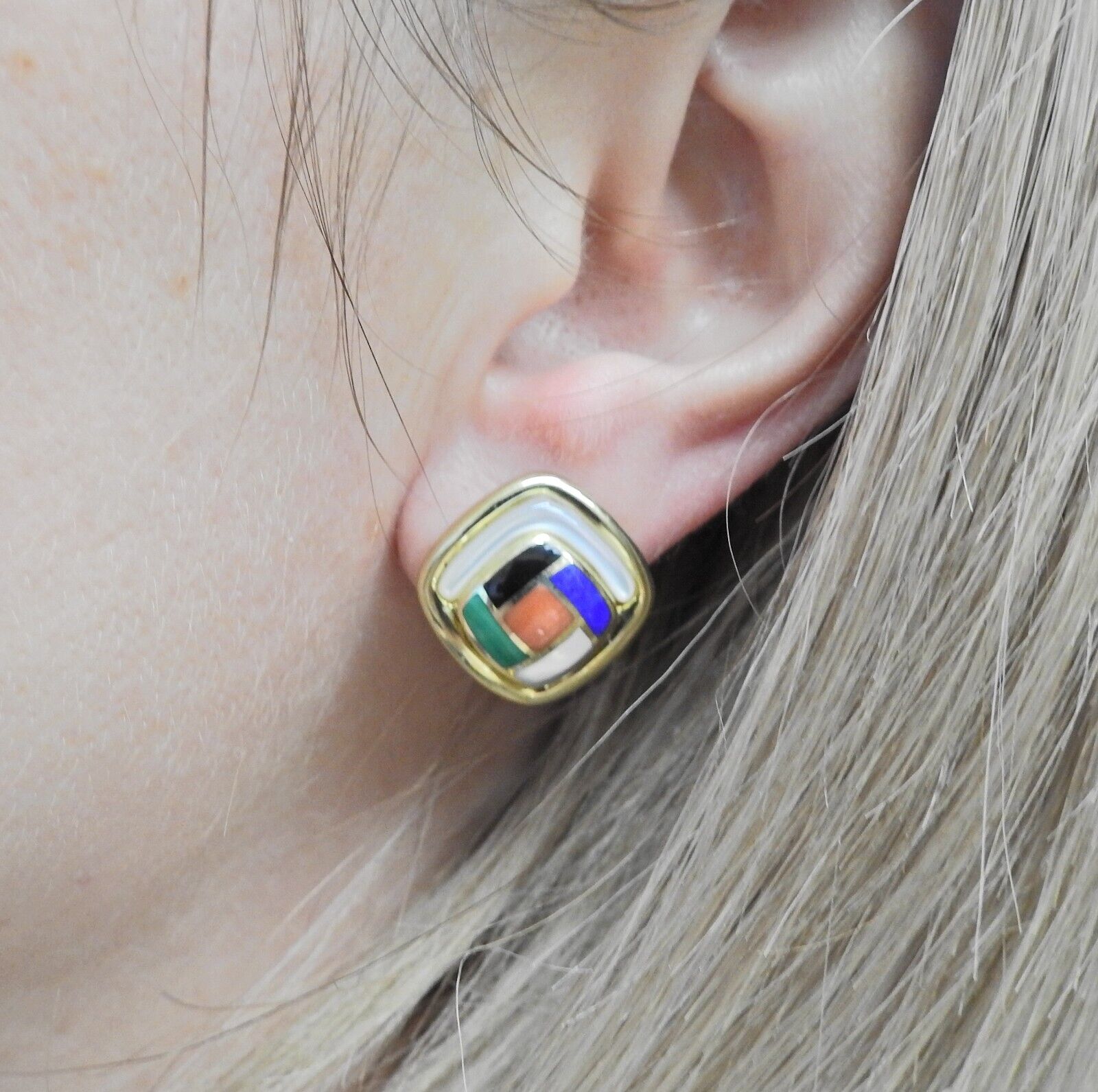 Asch Grossbardt MOP Onyx Lapis Coral Malachite Inlay Gold Earrings